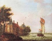 A wooded river landscape in Hoolland with a Dutch hooder under sail in a brisk wind